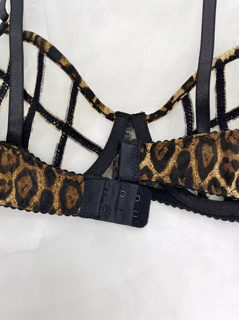 Leopard Print Ultra-Thin Bra Set, Sexy Lace Lingerie with French-Style Steel Underwire, Openwork Design
