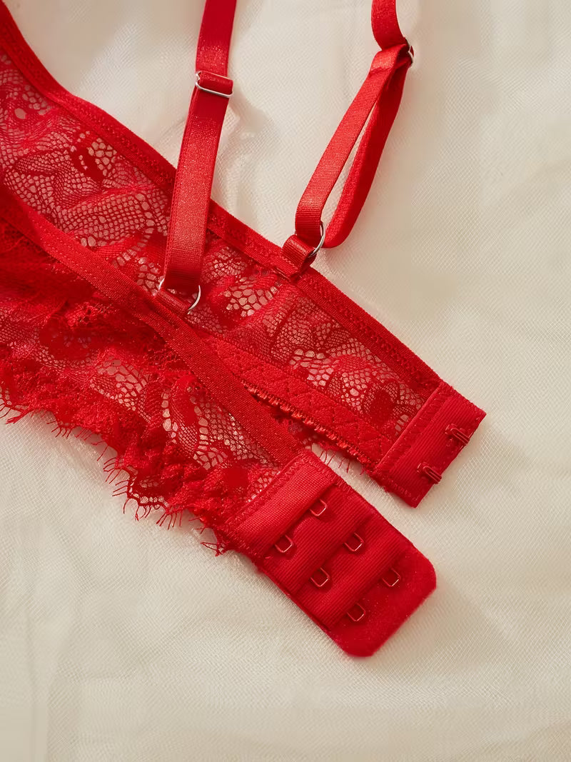 2pcs Sexy Lingerie Set - Red Lace Bra with Floral Pattern, No Padding, Perfect for Adult