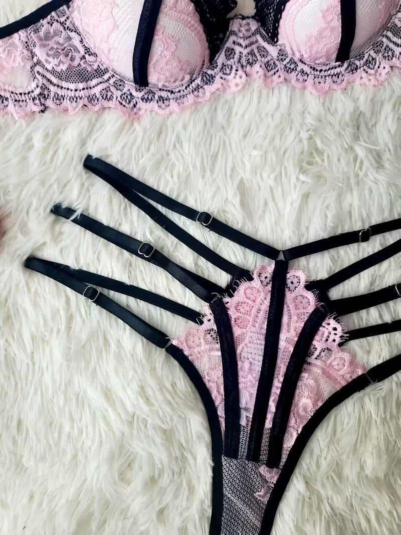 Sexy Lash Lace Color Block Bra and Briefs Set | No Padding, Mid Rise Briefs