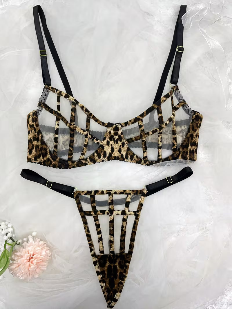 Leopard Print Ultra-Thin Bra Set, Sexy Lace Lingerie with French-Style Steel Underwire, Openwork Design