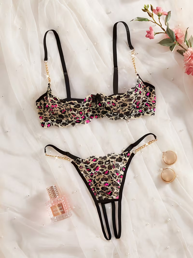 Women'S Bra Set | Multi-Color Leopard Print with Contrast Lace and Golden Chain Details | 1/4 Cup Slit Design