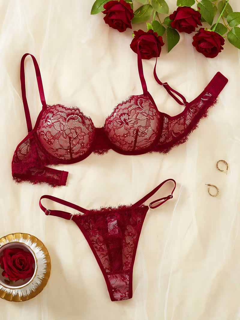 2pcs Sexy Lingerie Set - Red Lace Bra with Floral Pattern, No Padding, Perfect for Adult