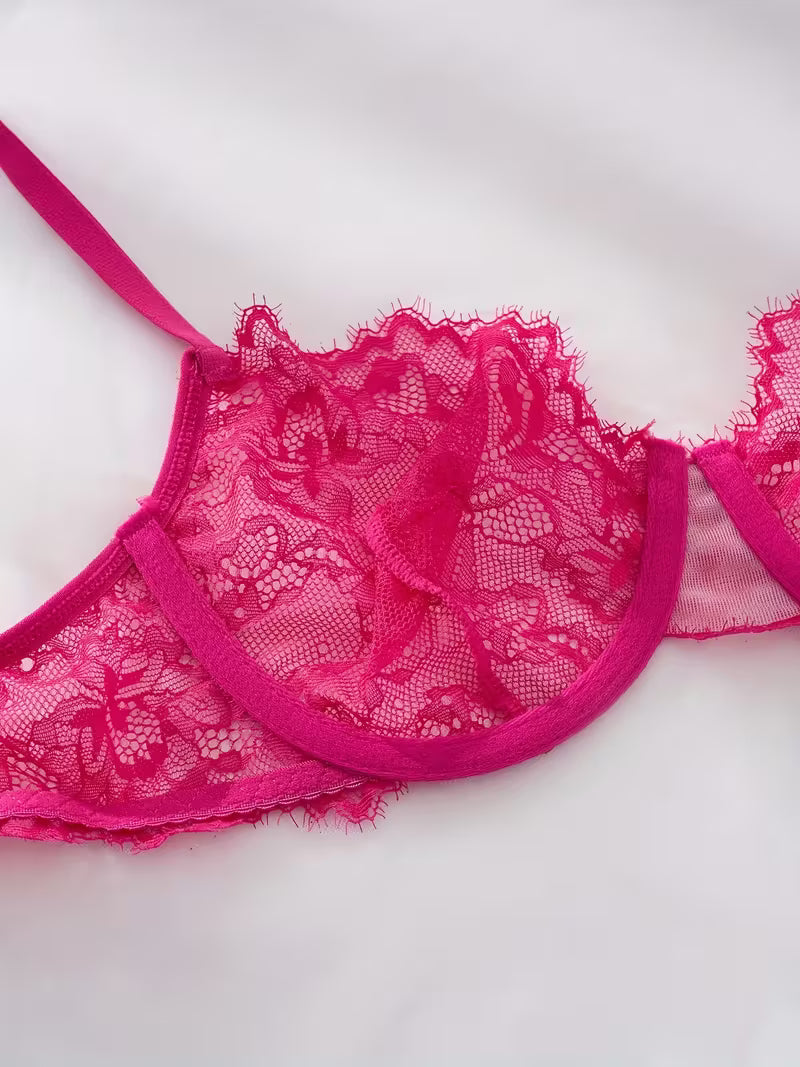 2pcs Sexy Lingerie Set - Red Lace Bra with Floral Pattern, No Padding, Perfect for Adult