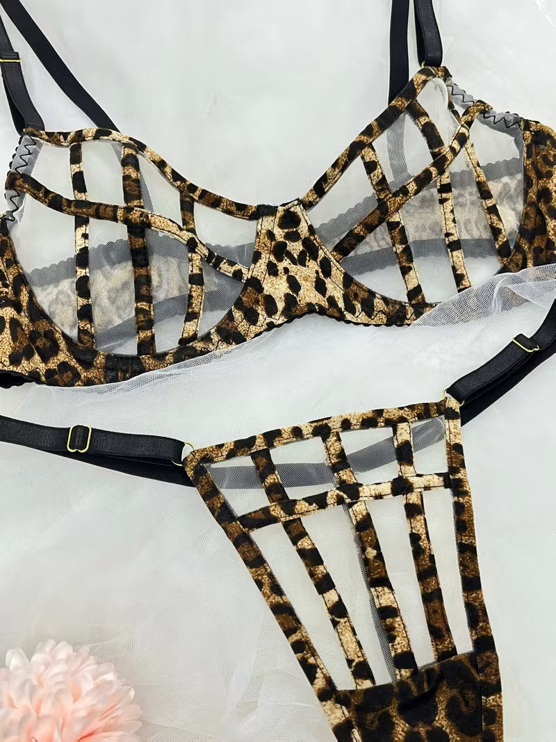 Leopard Print Ultra-Thin Bra Set, Sexy Lace Lingerie with French-Style Steel Underwire, Openwork Design