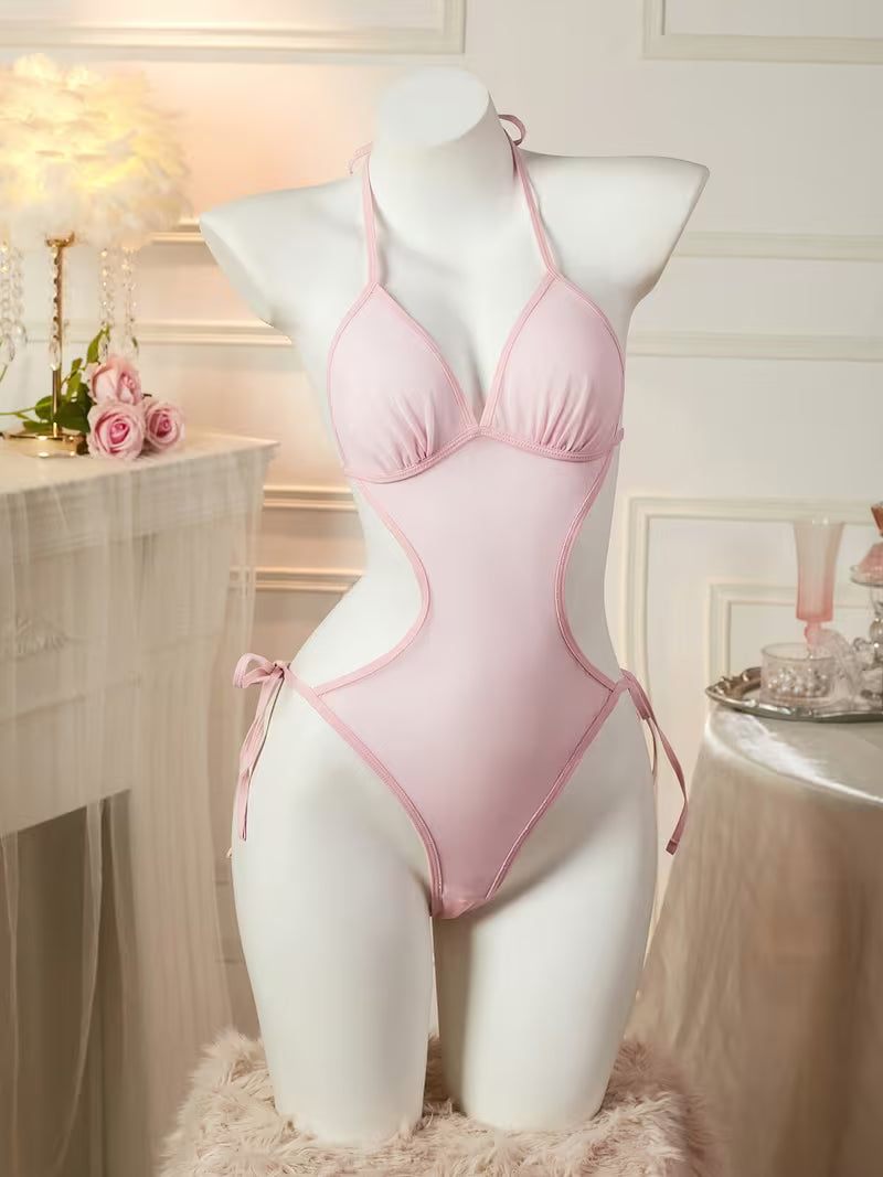 Pink Sheer Mesh Halter-Neck Bodysuit with Ties | Thin and Sexy Solid Color Design