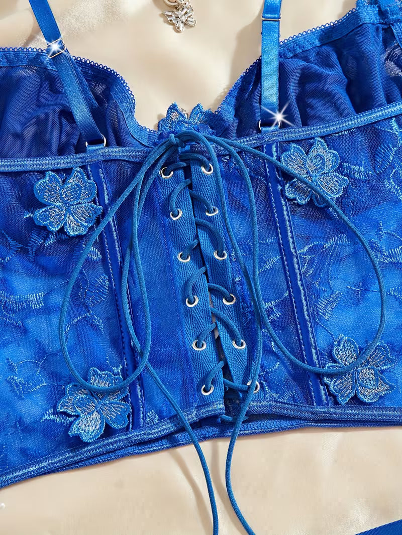 3pcs Lace Mesh Women's Set with Steel Ring, Cross-Strap Design, Bra Top and Panty + Garter Thong