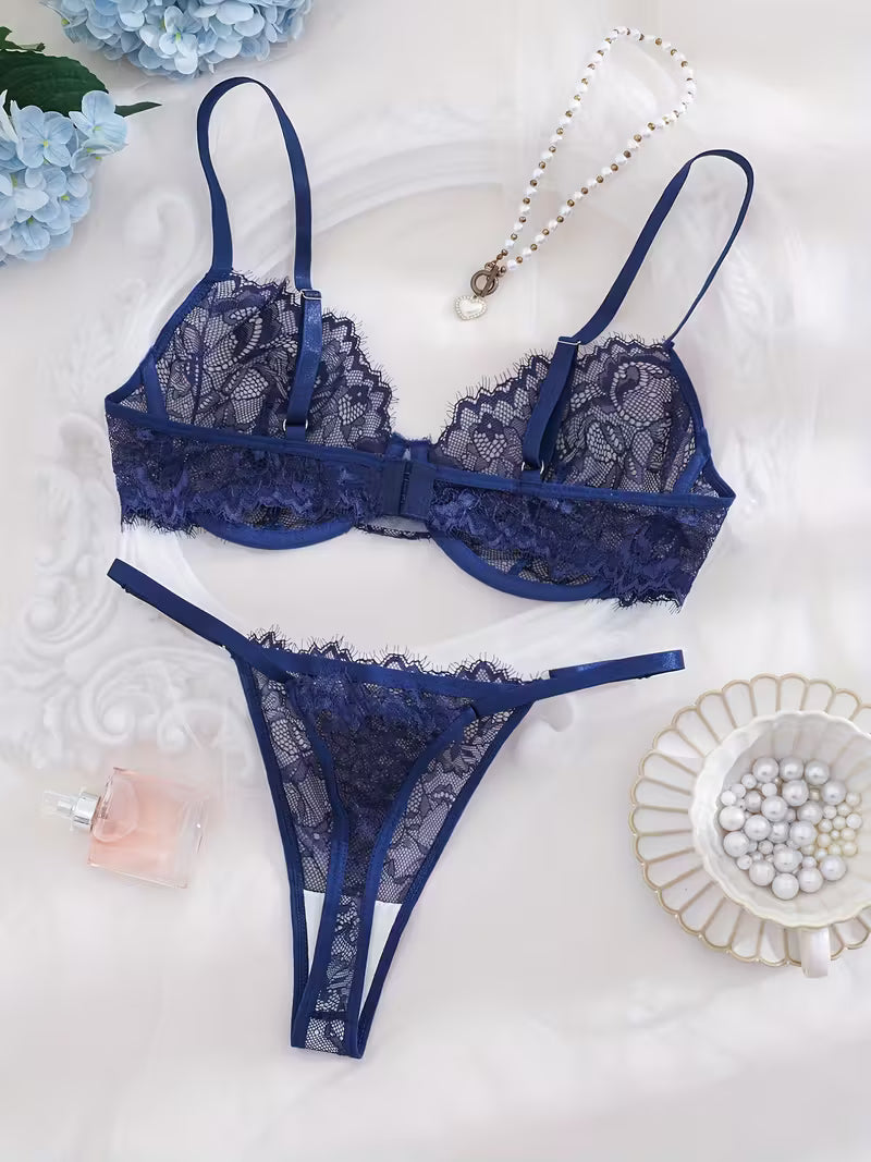 2pcs Sexy Lingerie Set - Red Lace Bra with Floral Pattern, No Padding, Perfect for Adult