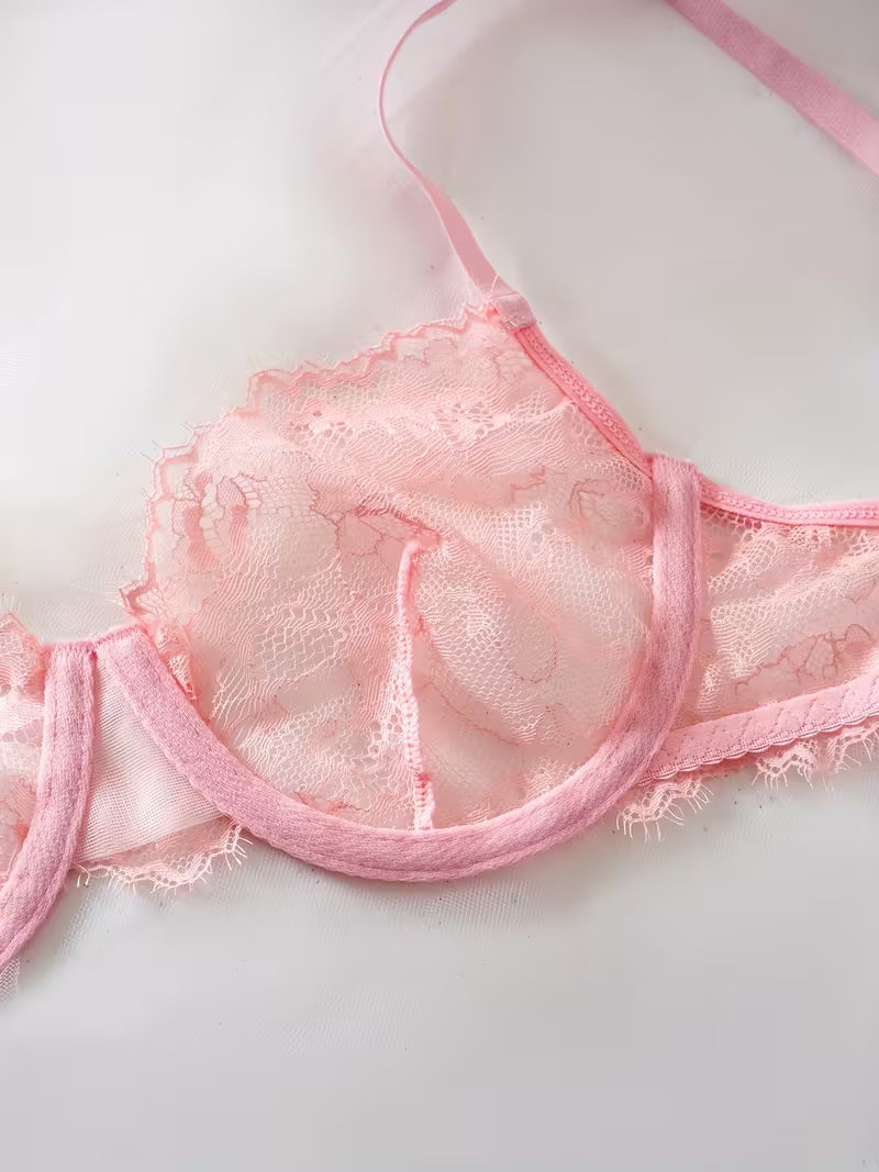 2pcs Sexy Lingerie Set - Red Lace Bra with Floral Pattern, No Padding, Perfect for Adult