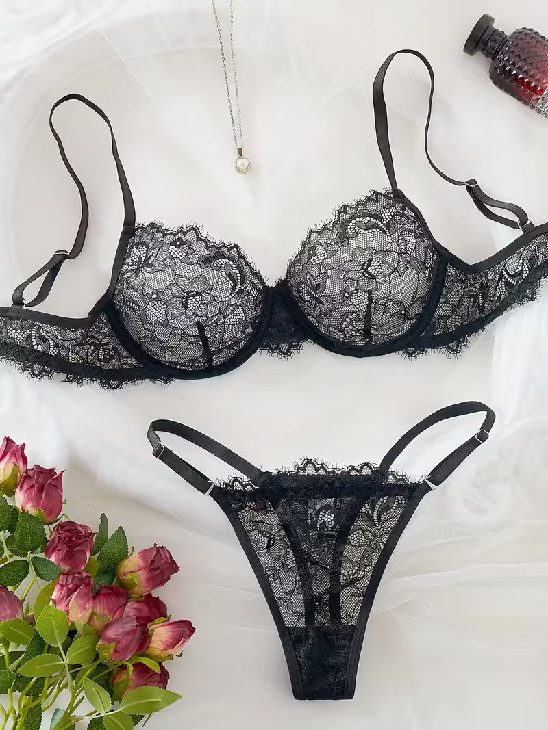 2pcs Sexy Lingerie Set - Red Lace Bra with Floral Pattern, No Padding, Perfect for Adult