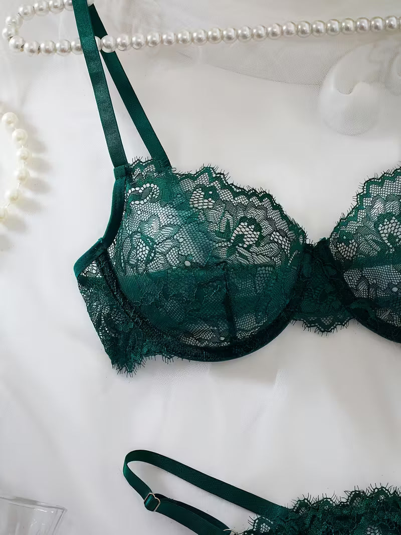 2pcs Sexy Lingerie Set - Red Lace Bra with Floral Pattern, No Padding, Perfect for Adult