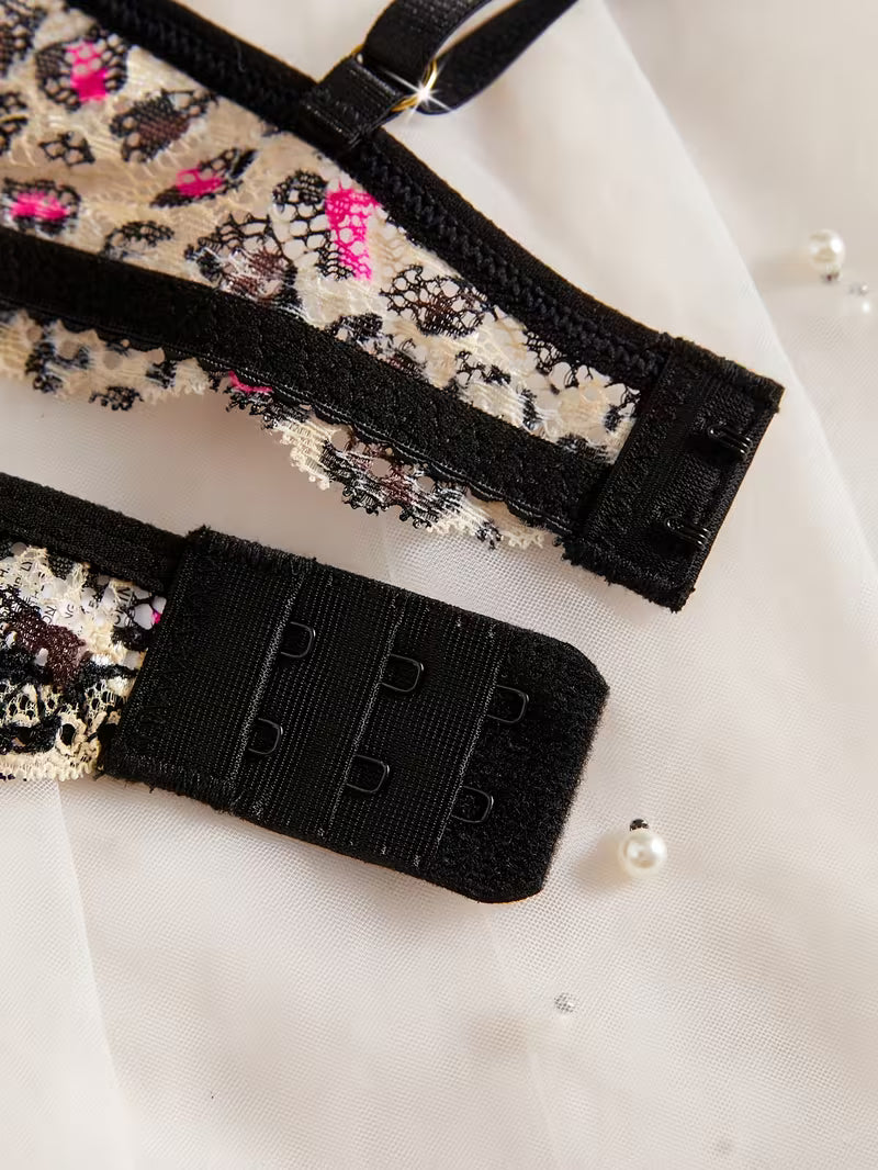 Women'S Bra Set | Multi-Color Leopard Print with Contrast Lace and Golden Chain Details | 1/4 Cup Slit Design