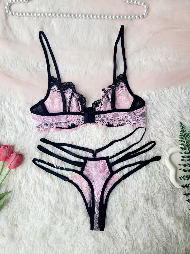 Sexy Lash Lace Color Block Bra and Briefs Set | No Padding, Mid Rise Briefs